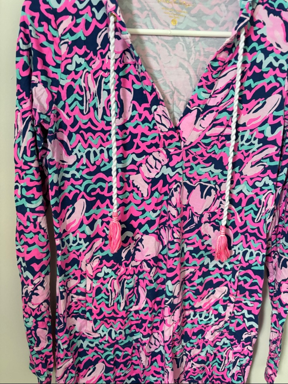 Lilly Pulitzer Pink Navy & Aqua Floral Hooded Swim Coverup - Picture 3 of 6